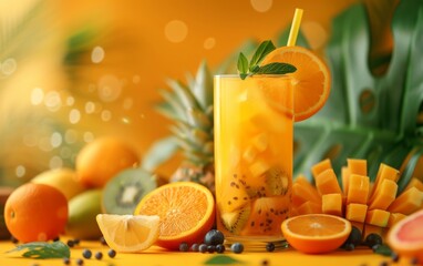 Fototapeta premium A tall glass filled with orange juice sits amidst a variety of vibrant fresh fruit