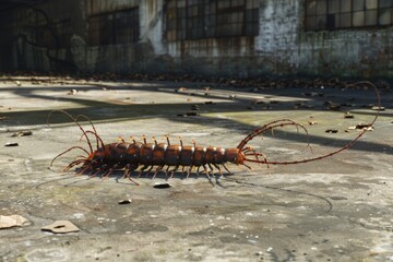A centipede crawling on the ground in front of a building. Suitable for educational materials or pest control advertisements