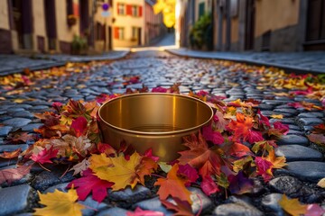 A gold can surrounded by a swirl of colorful autumn leaves, positioned on a cobbled street in a small town during fall. 32k, full ultra hd, high resolution