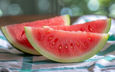 Two fresh slices of watermelon are placed on a wooden table