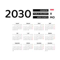 Calendar 2030 Indonesian language with Indonesia public holidays. Week starts from Monday. Graphic design vector illustration.