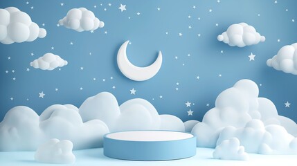 A blue and white room with a white moon and stars on the wall generated by AI