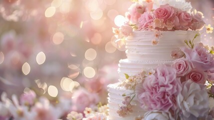 Elegant white wedding cake adorned with pink and white flowers. Perfect for wedding and celebration themes