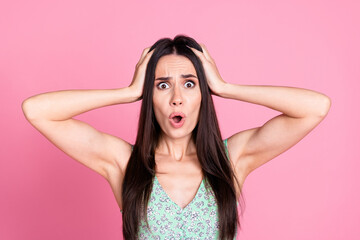 Fototapeta premium Photo of latin shocked crazy woman wear trendy clothes omg news isolated on pink color background