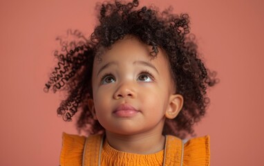 A little girl with curly hair looks up curiously