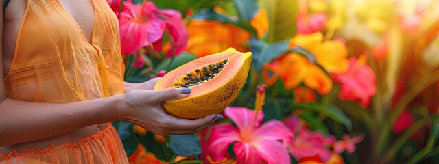 Fototapeta premium papaya harvest in the hands of a woman. Selective focus.