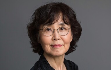 Fototapeta premium A middle-aged East Asian individual, gender nonconforming, wearing glasses and a black shirt