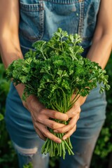 Harvest in the hands of a woman in the garden. Selective focus.