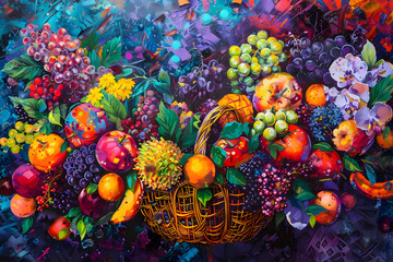 A Bountiful Harvest: Exotic Fruits and Flowers Overflow from Woven Baskets in a Delightful Display of Nature's Bounty, Captured in Vibrant Abstract Expressionist 2D Game Art.