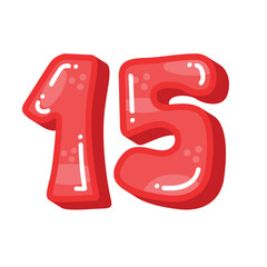 Red number 15 fifteen isolated on white background, cute numbers vector illustration
