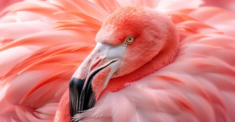 Close up of a pink flamingo head and neck.