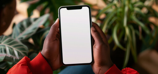 Close-up of a black woman's hands holding a mobile phone with a blank white screen.