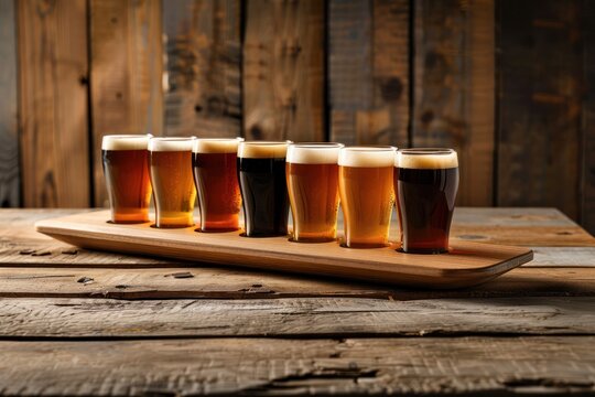 Craft Beer Tasting Set on Wooden Table Background