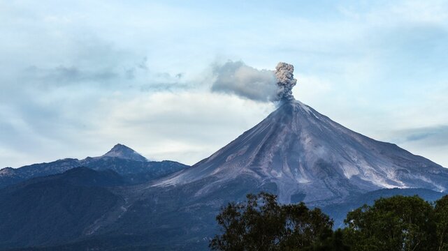 Colima Volcanoes at Sunset: Fire Volcano's Smoky Exhale