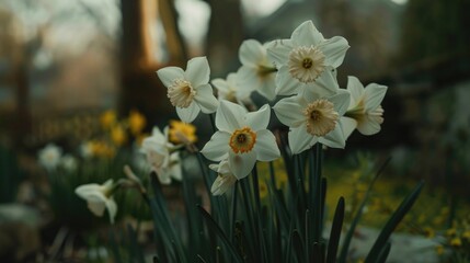 Fototapeta premium A beautiful bunch of white and yellow flowers in a field. Perfect for nature and springtime concepts