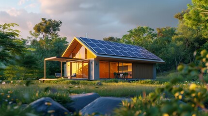 Modern house with solar panels on the roof, surrounded by nature, evening light.