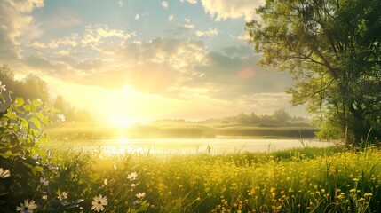 A beautiful summer sunrise over the meadow with trees and flowers, lake, surrounded by green grass.
