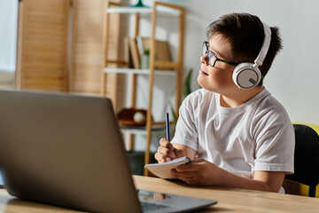 A adorable boy with Down syndrome wearing headphones sits at a desk using a laptop.