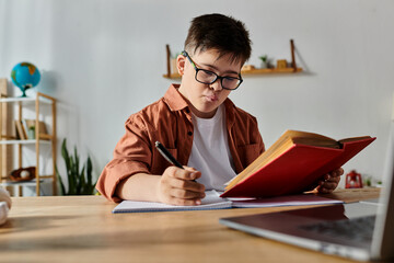 A boy with Down syndrome sits at a desk with a laptop and a book.
