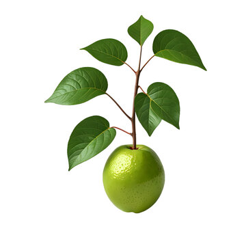 A guave with stem and leaves isolated on transparent background and 3D render