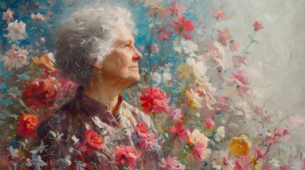 Beautiful illustration of an elderly woman standing amidst a vibrant array of blossoming flowers, radiating serenity and grace.
