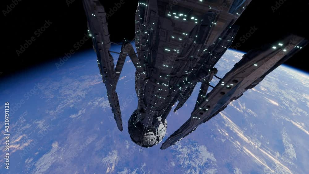 Wall mural spaceships and big spacestation in orbit above planet in space