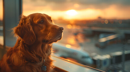 A golden retriever gazes out an airport window at the setting sun, casting a wistful silhouette against the runway. The image captures the bittersweet emotions of travel and separation