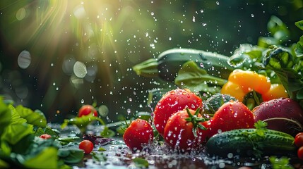 Various wet wash vegetables splash. Selective focus.