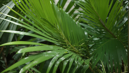 This is a close-up image of bright green palm leaves with the edges of the leaves slightly curled upwards.