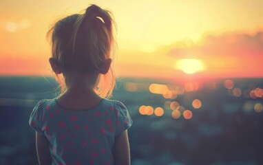 Fototapeta premium A young girl gazes out over a city skyline as the sun sets, casting a warm glow over the urban landscape