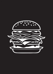 black and white vector illustration of a logo with hamburger on black background