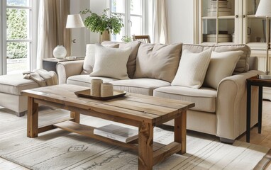 A living room filled with various furniture pieces, including a sofa and a wooden table