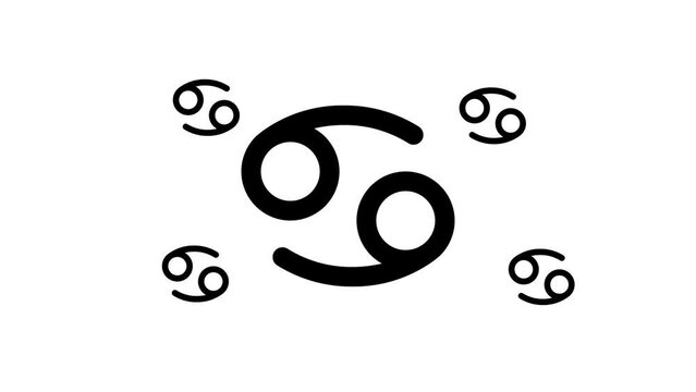 Zoom in and out animation the cancer zodiac symbol. Large black symbol in the center and four small symbols around. Seamless looped 4k animation on white background