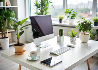 A perfect office white desk with a clean monitor and a smartphone plants on the background