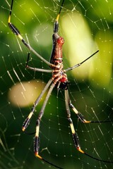Close-up shot of a golden silk orb-weaver on a cobweb. Trichonephila clavipes.