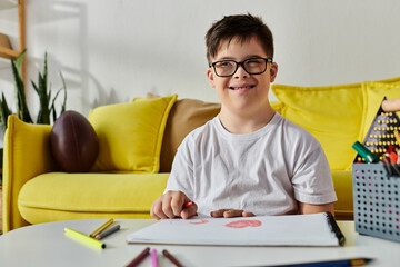 A adorable boy with Down syndrome with glasses sits at a table, surrounded by colored pencils.