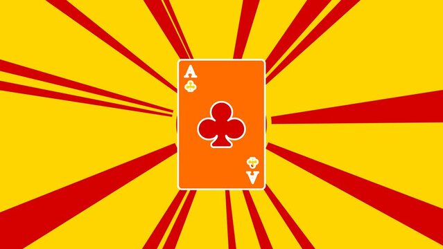 Ace of clubs card on the background of animation from moving rays of the sun. Large orange symbol increases slightly. Seamless looped 4k animation on yellow background