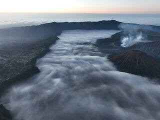 Aerial view Mountains at Bromo volcano during sunrise sky,Beautiful Mountains Penanjakan in Bromo Tengger Semeru National Park,East Java,Indonesia.Nature landscape background