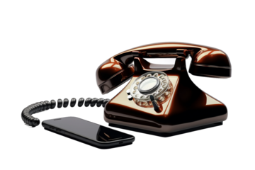 A Symphony of Generations: Vintage Telephone and Modern Cell Phone on a White or Clear Surface PNG Transparent Background.