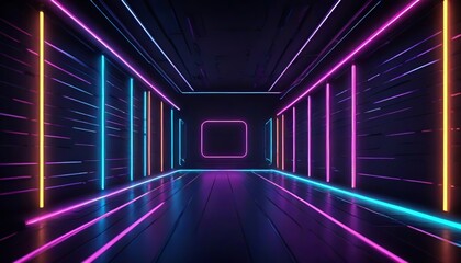 The dark walls and floor create a stark contrast, highlighting the bright neon lights, giving the scene a high-tech, sci-fi atmosphere Generative AI