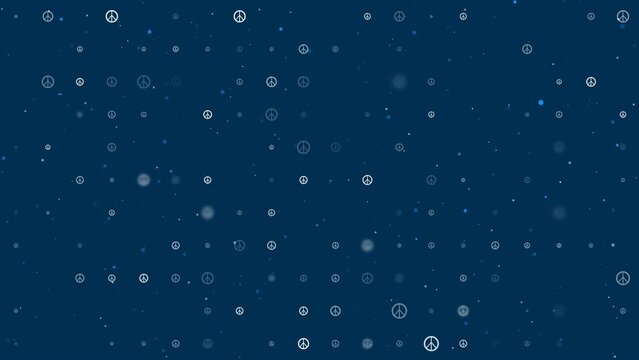 Template animation of evenly spaced peace symbols of different sizes and opacity. Animation of transparency and size. Seamless looped 4k animation on dark blue background with stars