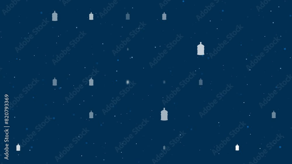 Poster template animation of evenly spaced a large bottle of water symbols of different sizes and opacity. 