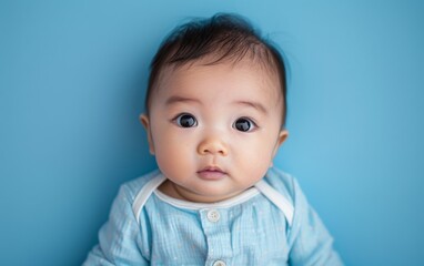 Naklejka premium A close-up view of a male infant of Southeast Asian descent wearing a blue shirt