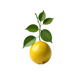 A lemon with stem and leaves isolated on transparent background and 3D render