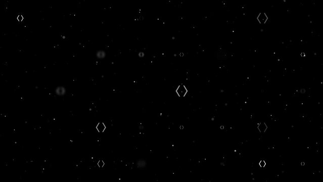 Template animation of evenly spaced angle brackets symbols of different sizes and opacity. Animation of transparency and size. Seamless looped 4k animation on black background with stars