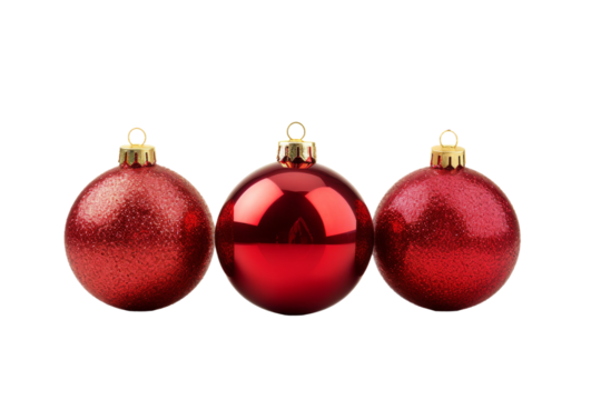 Triumphant Trio: A Gleaming Red Christmas Ball Trio on a White or Clear Surface PNG Transparent Background.