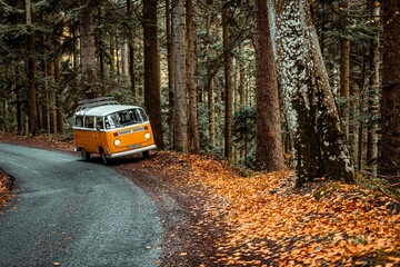 Obraz premium Orange vintage van driving through the forests of Parc du Pilat in France in autumn.