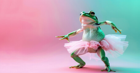 happy smiling green frog in a pink tutu dancing on a light pastel background