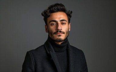 Fototapeta premium Young Middle Eastern male dressed in a black suit and turtle neck sweater