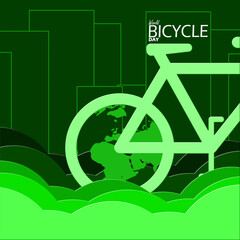World Bicycle Day event banner. Bicycle and globe icon with illustration of grass and urban buildings on dark green background to celebrate on June 3rd